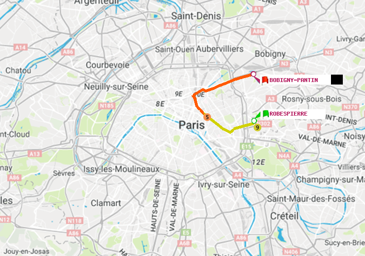 plan itinéraire ratp de Robespierre à Bobigny-Pantin (Raymond Queneau)