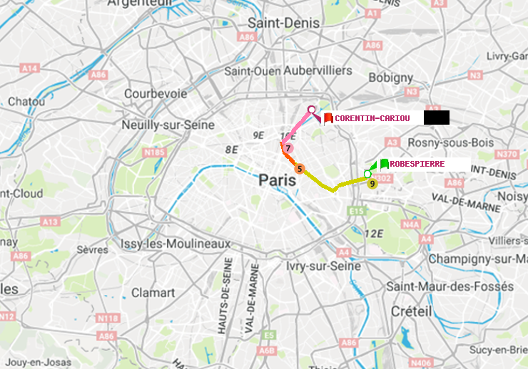 plan itinéraire ratp de Robespierre à Corentin-Cariou