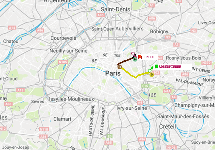 plan itinéraire ratp de Robespierre à Danube