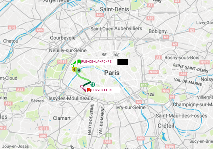 plan itinéraire ratp de Rue de la Pompe (Avenue Georges Mandel) à Convention