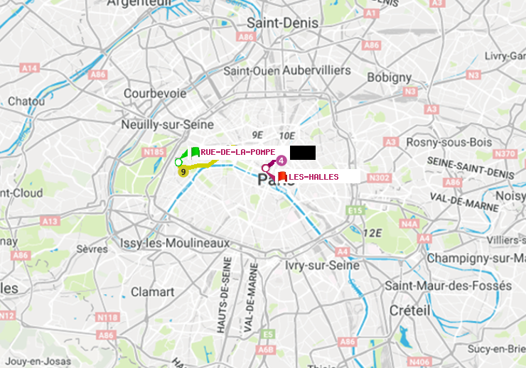 plan itinéraire ratp de Rue de la Pompe (Avenue Georges Mandel) à Les Halles