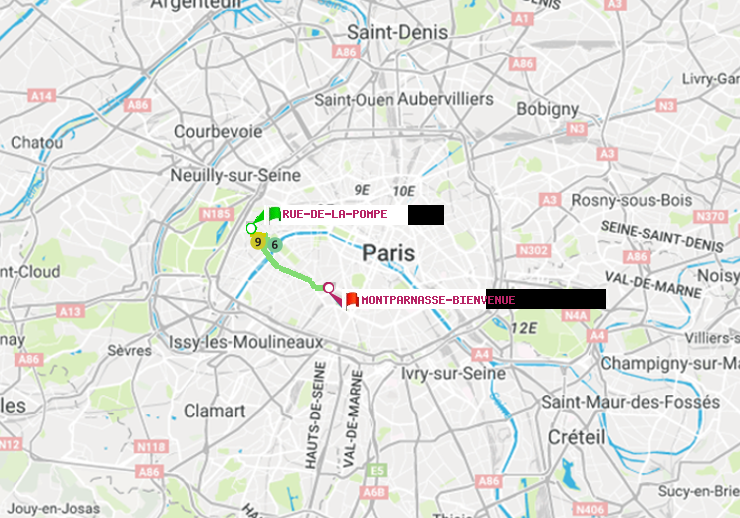 plan itinéraire ratp de Rue de la Pompe (Avenue Georges Mandel) à Montparnasse-Bienvenue