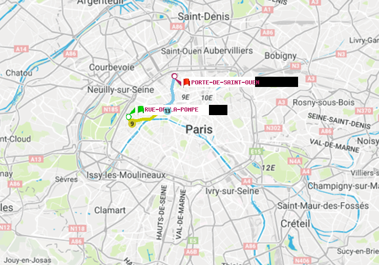 plan itinéraire ratp de Rue de la Pompe (Avenue Georges Mandel) à Porte de Saint-Ouen