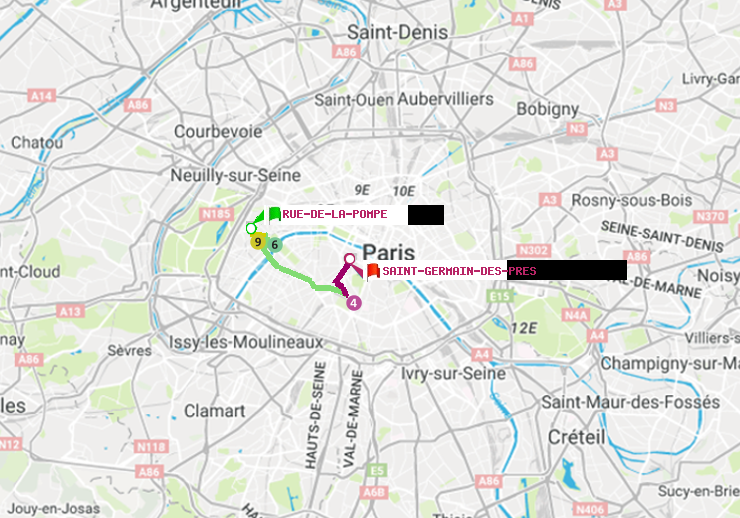 plan itinéraire ratp de Rue de la Pompe (Avenue Georges Mandel) à Saint-Germain des Prés