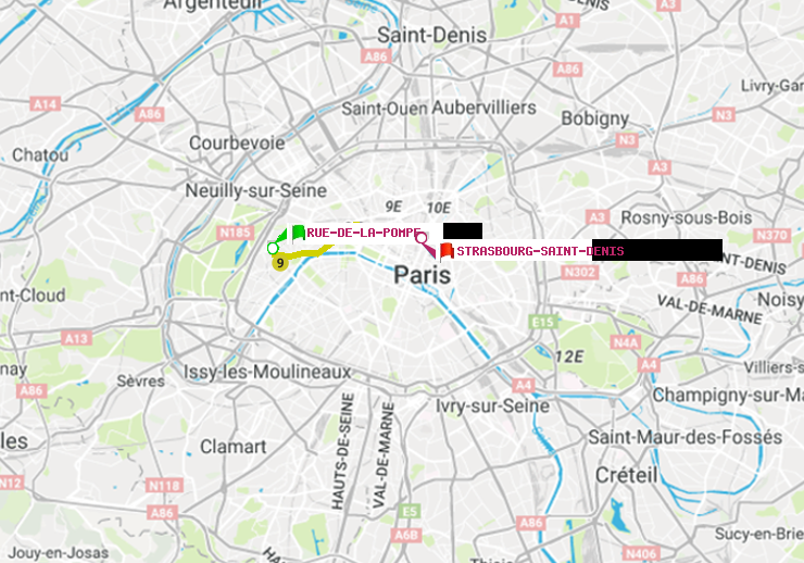 plan itinéraire ratp de Rue de la Pompe (Avenue Georges Mandel) à Strasbourg-Saint-Denis