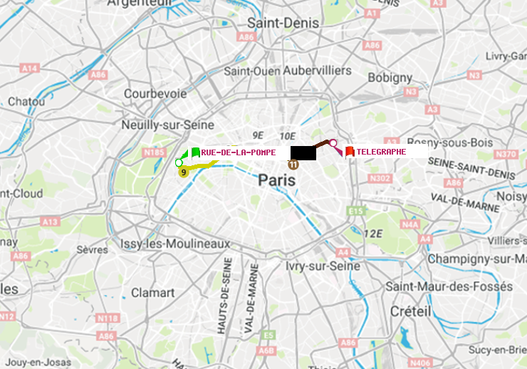 plan itinéraire ratp de Rue de la Pompe (Avenue Georges Mandel) à Telegraphe