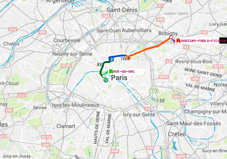 plan itinéraire ratp de Rue du Bac à Bobigny-Pablo-Picasso