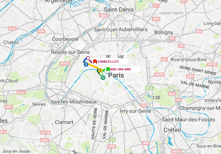 plan itinéraire ratp de Rue du Bac à Courcelles