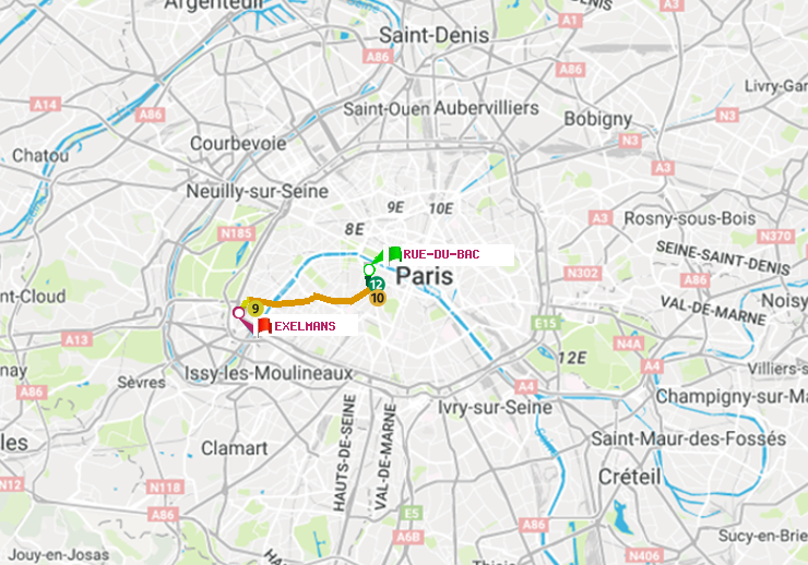 plan itinéraire ratp de Rue du Bac à Exelmans