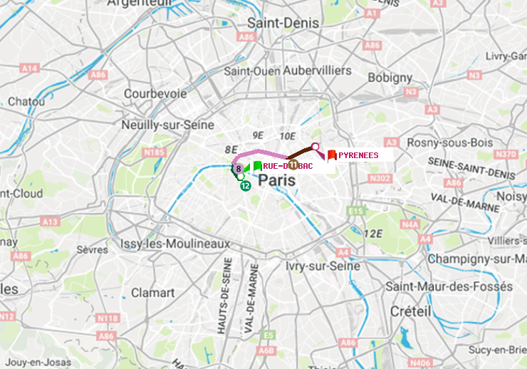 plan itinéraire ratp de Rue du Bac à Pyrenees