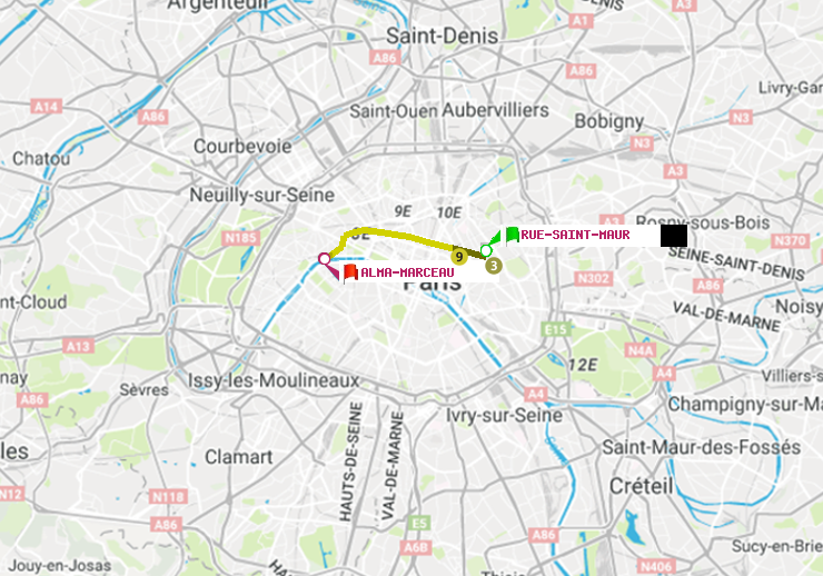 plan itinéraire ratp de Rue Saint-Maur à Alma-Marceau