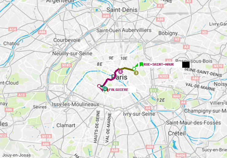 plan itinéraire ratp de Rue Saint-Maur à Falguière