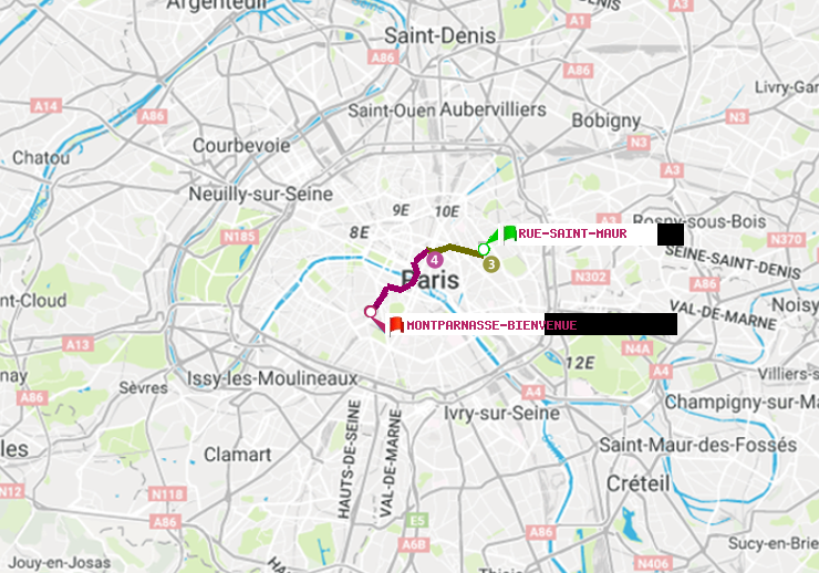 plan itinéraire ratp de Rue Saint-Maur à Montparnasse-Bienvenue