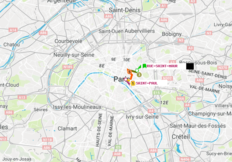 plan itinéraire ratp de Rue Saint-Maur à Saint-Paul (Le Marais)