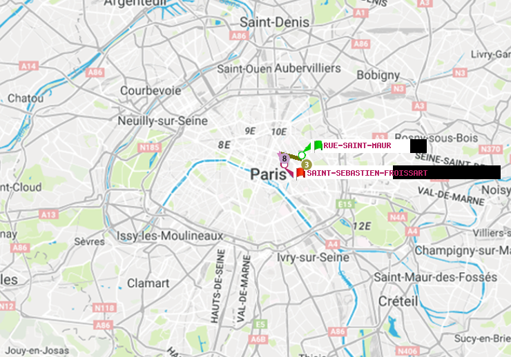 plan itinéraire ratp de Rue Saint-Maur à Saint-Sébastien-Froissart
