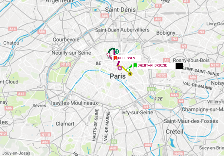 plan itinéraire ratp de Saint-Ambroise à Abbesses