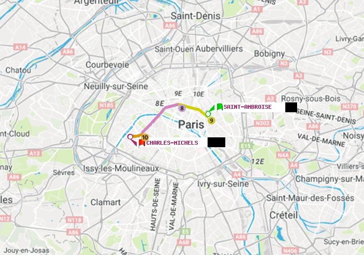 plan itinéraire ratp de Saint-Ambroise à Charles Michels