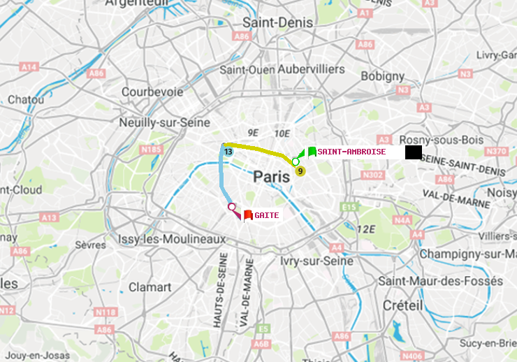 plan itinéraire ratp de Saint-Ambroise à Gaité