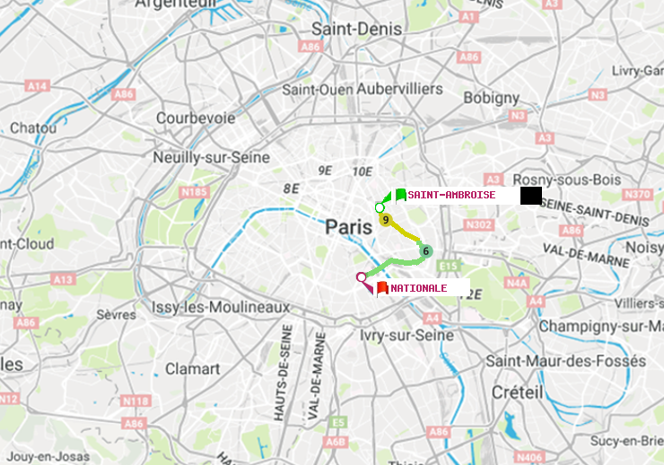 plan itinéraire ratp de Saint-Ambroise à Nationale