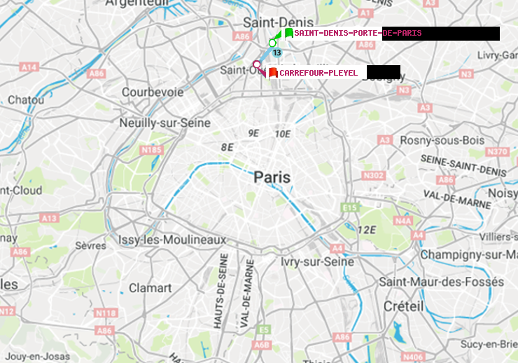 plan itinéraire ratp de Saint-Denis-Porte de Paris à Carrefour-Pleyel