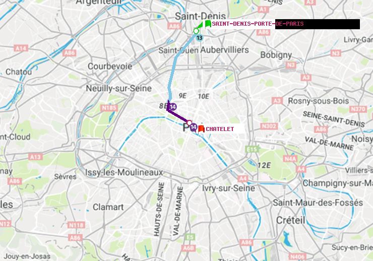 plan itinéraire ratp de Saint-Denis-Porte de Paris à Châtelet
