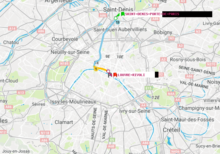plan itinéraire ratp de Saint-Denis-Porte de Paris à Louvre-Rivoli