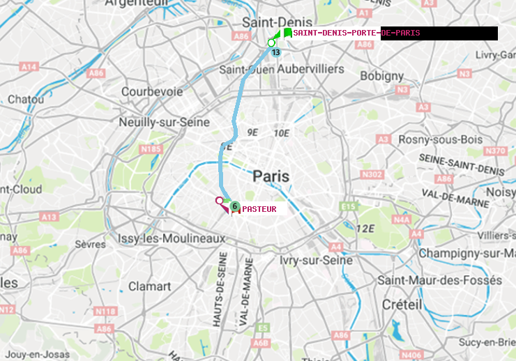 plan itinéraire ratp de Saint-Denis-Porte de Paris à Pasteur