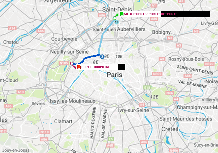 plan itinéraire ratp de Saint-Denis-Porte de Paris à Porte Dauphine (Maréchal de Lattre de Tassigny)