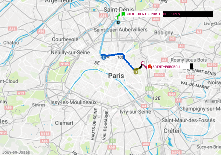 plan itinéraire ratp de Saint-Denis-Porte de Paris à Saint-Fargeau