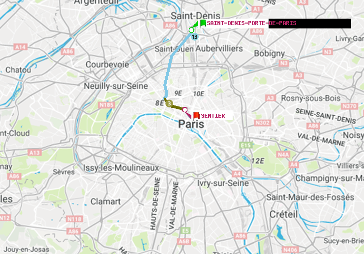 plan itinéraire ratp de Saint-Denis-Porte de Paris à Sentier