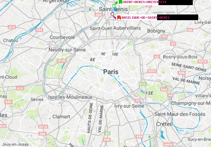 plan itinéraire ratp de Saint-Denis-Universite à Basilique de Saint-Denis