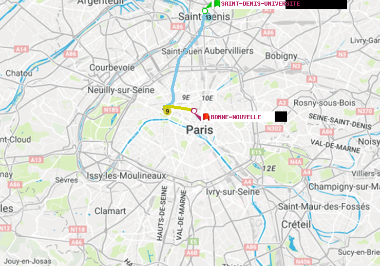 plan itinéraire ratp de Saint-Denis-Universite à Bonne Nouvelle