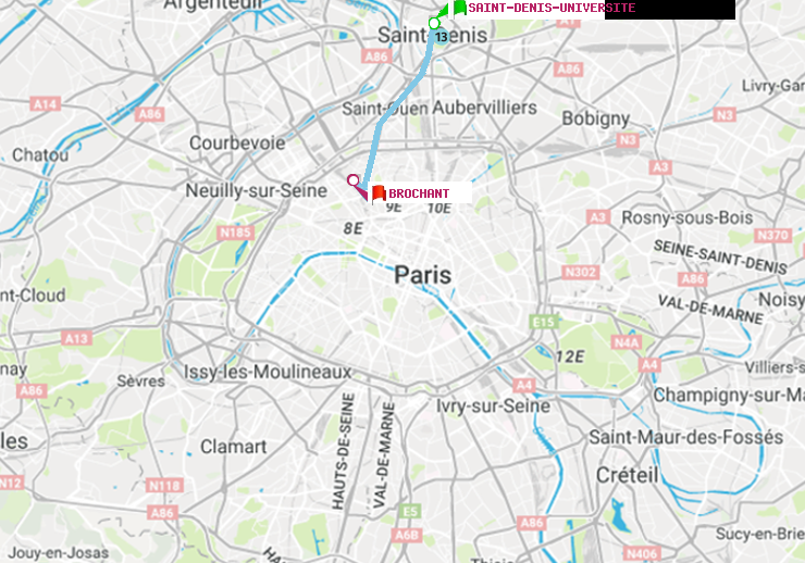 plan itinéraire ratp de Saint-Denis-Universite à Brochant