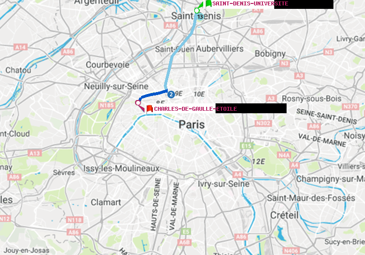 plan itinéraire ratp de Saint-Denis-Universite à Charles de Gaulle-Etoile