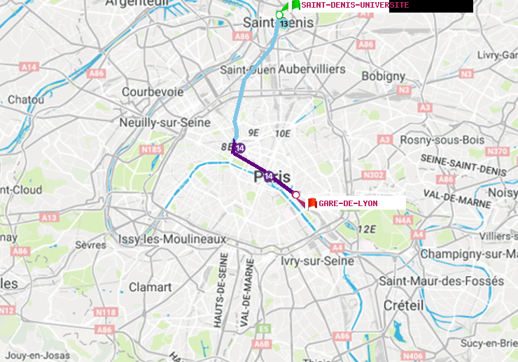 plan itinéraire ratp de Saint-Denis-Universite à Gare de Lyon
