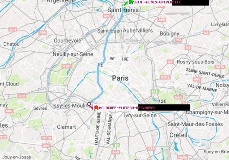 plan itinéraire ratp de Saint-Denis-Universite à Malakoff-Plateau de Vanves