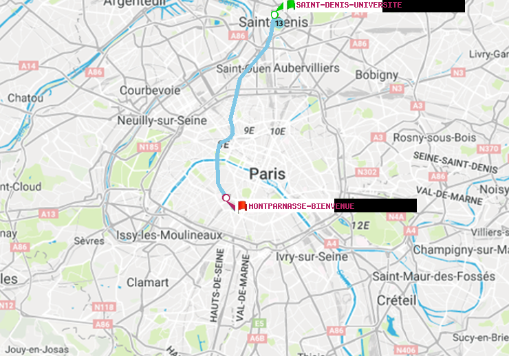 plan itinéraire ratp de Saint-Denis-Universite à Montparnasse-Bienvenue