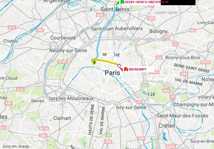 plan itinéraire ratp de Saint-Denis-Universite à Oberkampf