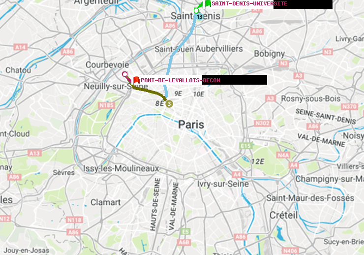 plan itinéraire ratp de Saint-Denis-Universite à Pont de Levallois-Bécon