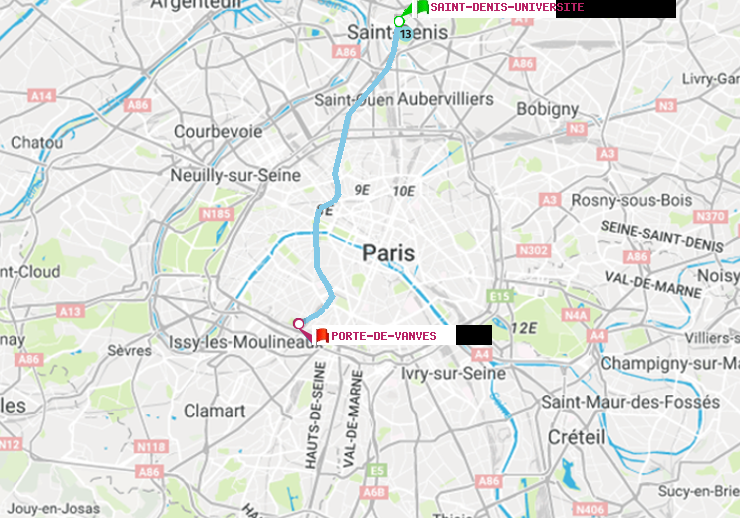 plan itinéraire ratp de Saint-Denis-Universite à Porte de Vanves