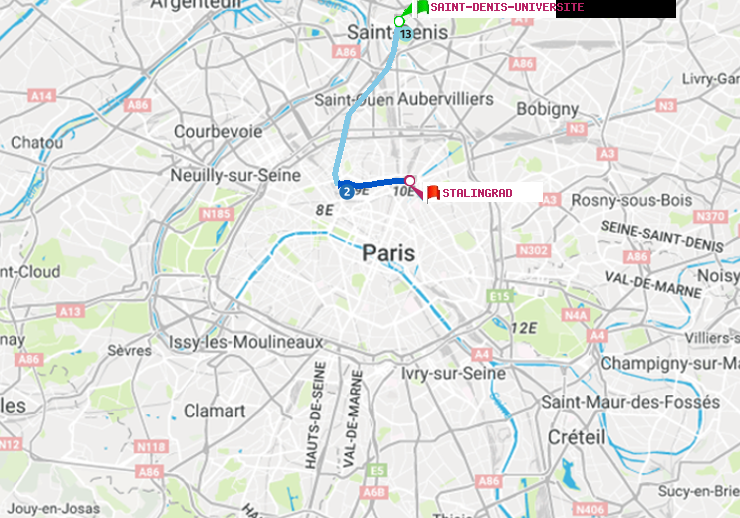 plan itinéraire ratp de Saint-Denis-Universite à Stalingrad