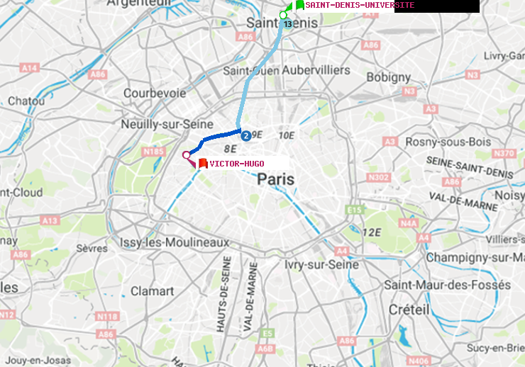plan itinéraire ratp de Saint-Denis-Universite à Victor Hugo