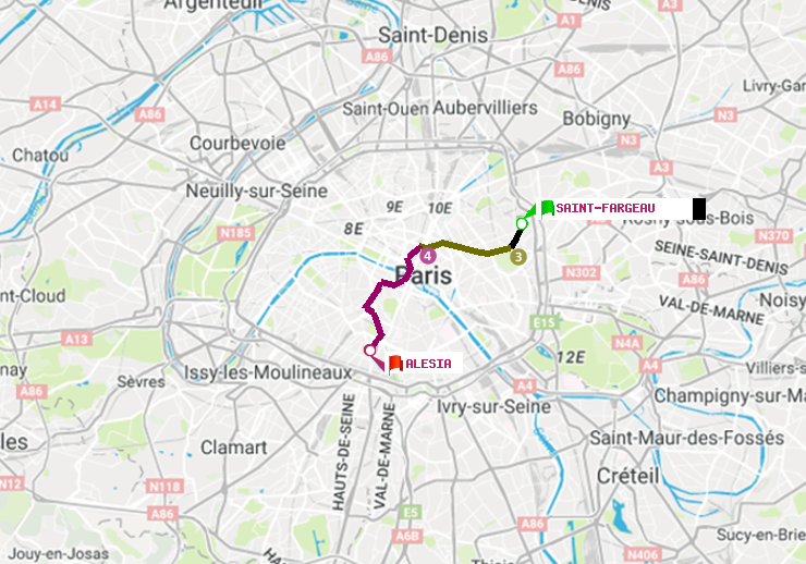 plan itinéraire ratp de Saint-Fargeau à Alésia