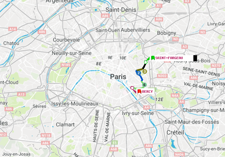 plan itinéraire ratp de Saint-Fargeau à Bercy