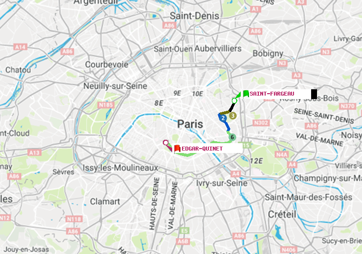 plan itinéraire ratp de Saint-Fargeau à Edgar-Quinet