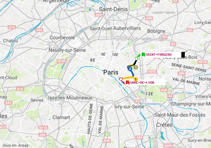 plan itinéraire ratp de Saint-Fargeau à Gare de Lyon