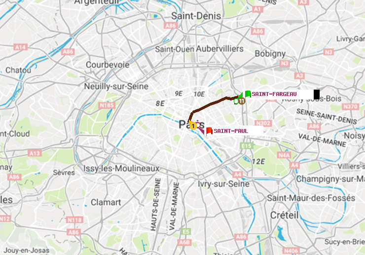 plan itinéraire ratp de Saint-Fargeau à Saint-Paul (Le Marais)