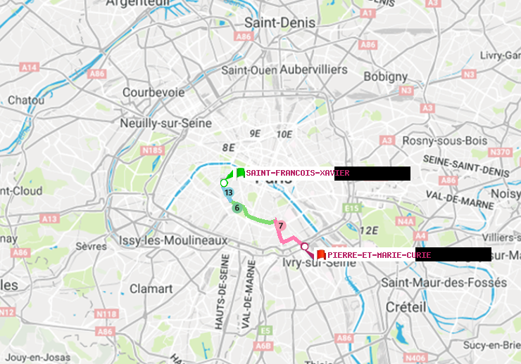 plan itinéraire ratp de Saint-Francois-Xavier à Pierre et Marie Curie