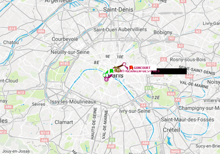plan itinéraire ratp de Saint-Germain des Prés à Goncourt (Hôpital Saint-Louis)