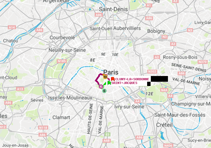 plan itinéraire ratp de Saint-Jacques à Cluny-La Sorbonne